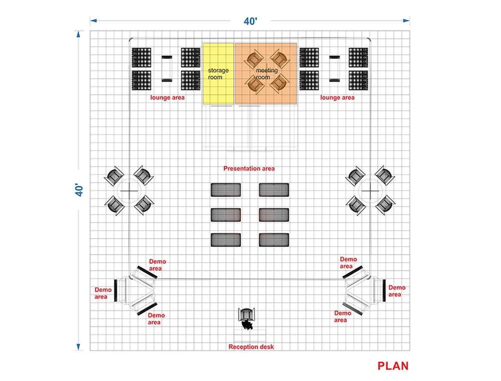 40x40 booth with dual demo counters and seating